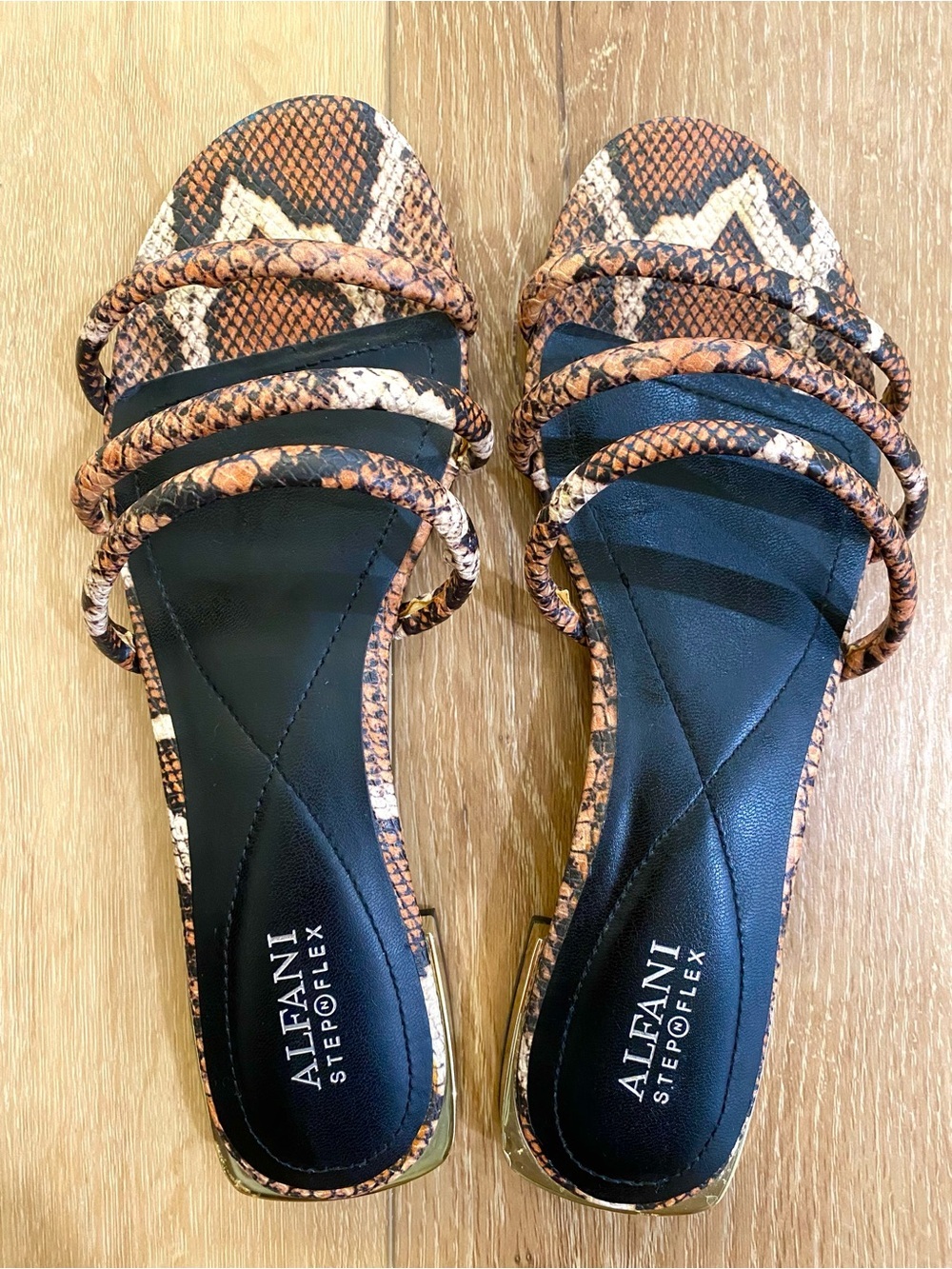 Alfani Sandals Tan Brown Snake-Print Multi-Strap Slide Mules Size 9.5